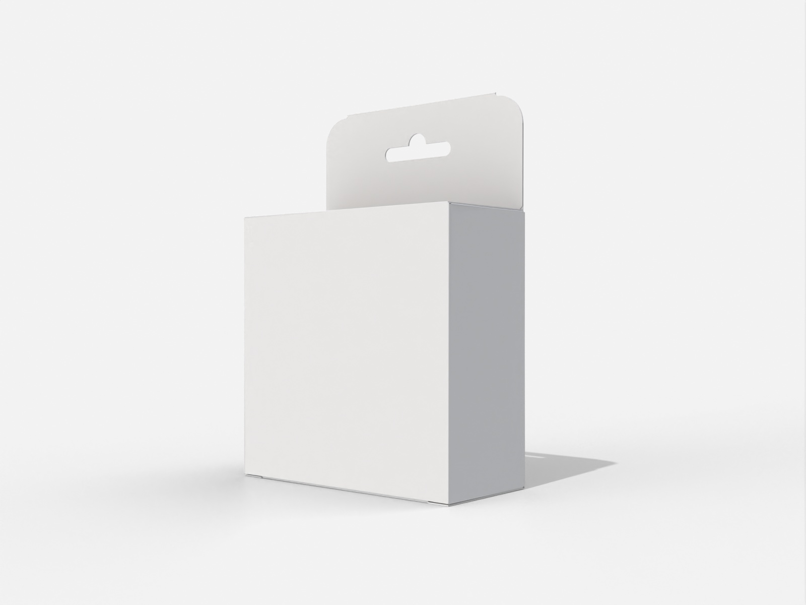 Flat square box with hanger — White paperboard