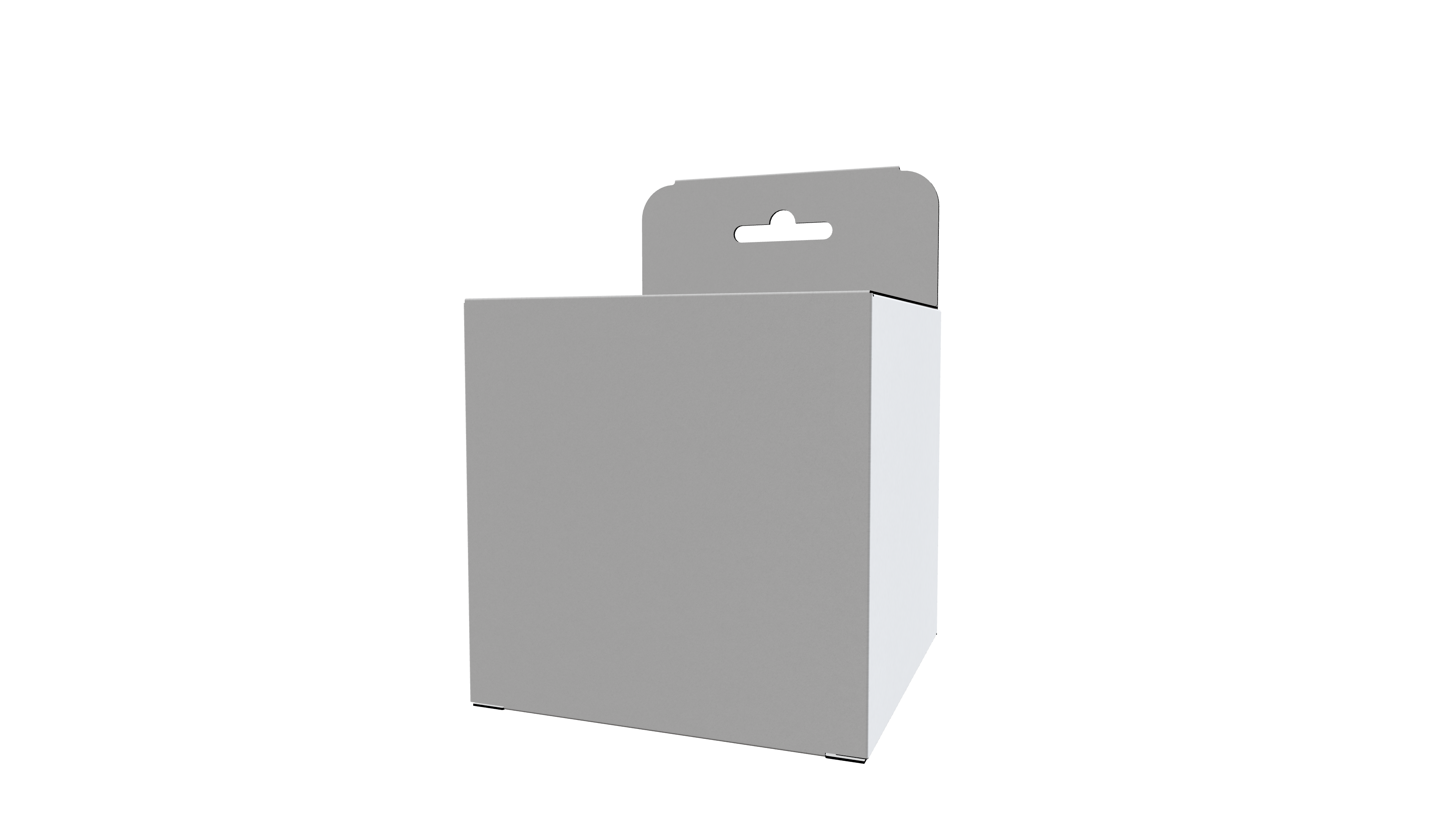 Square box with hang tab — White paperboard