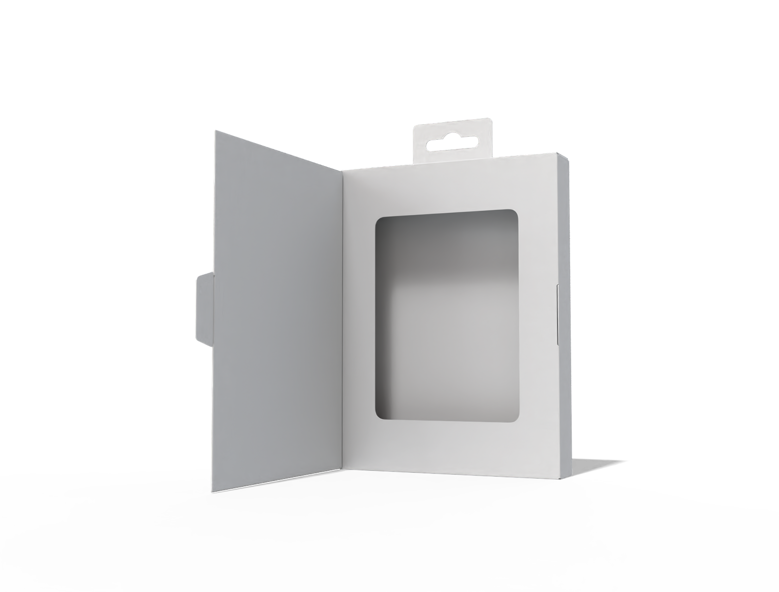 Hanging flip-top window box — White paperboard