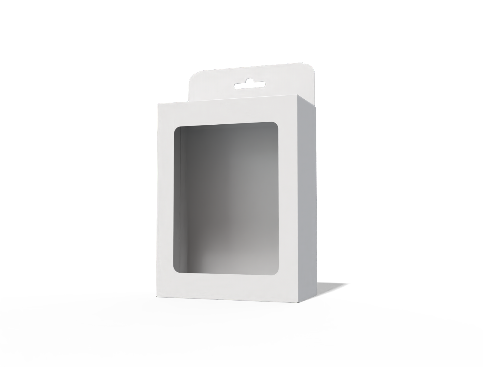 Hanging display box with window — White paperboard