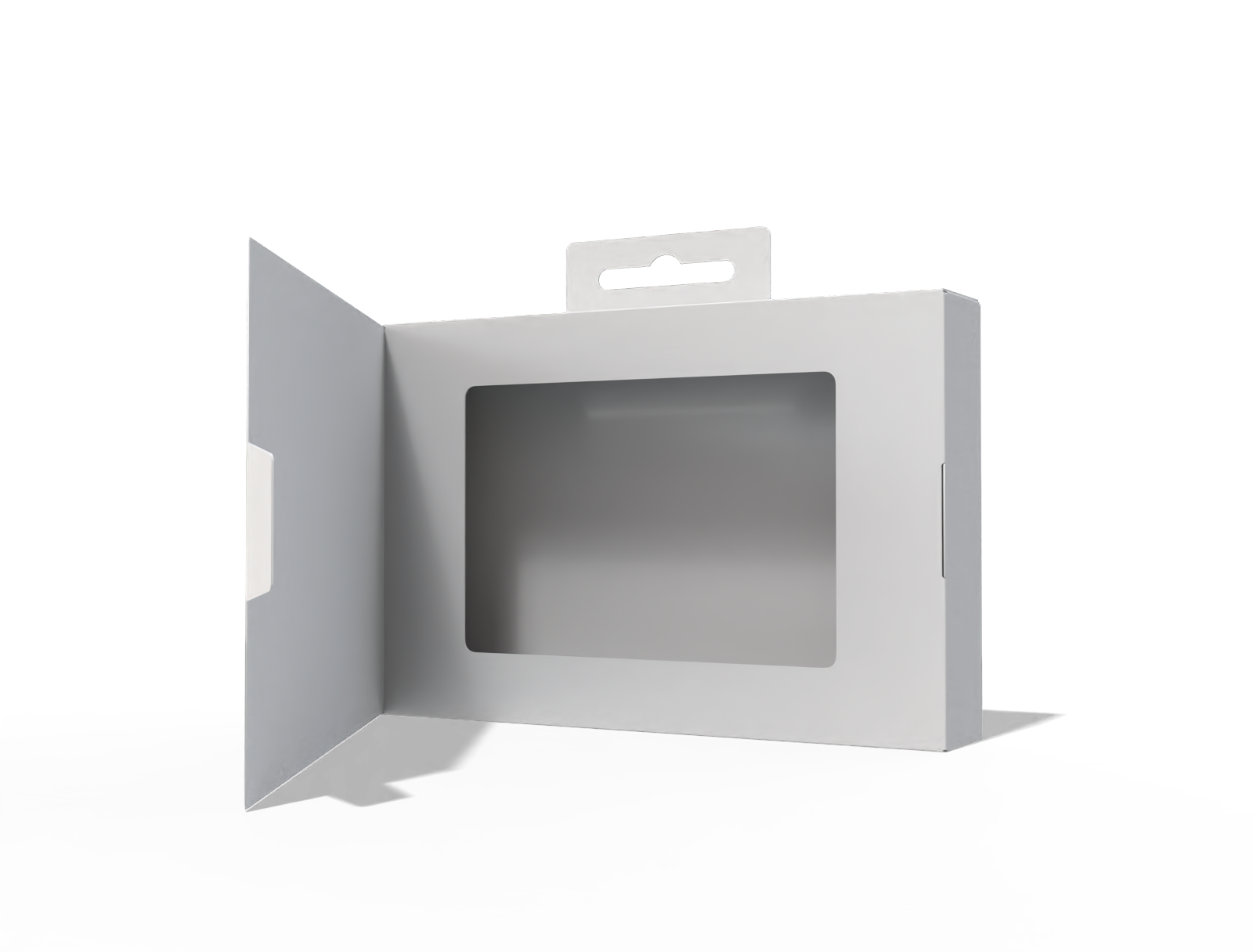 Hanging flip-top window box — White paperboard